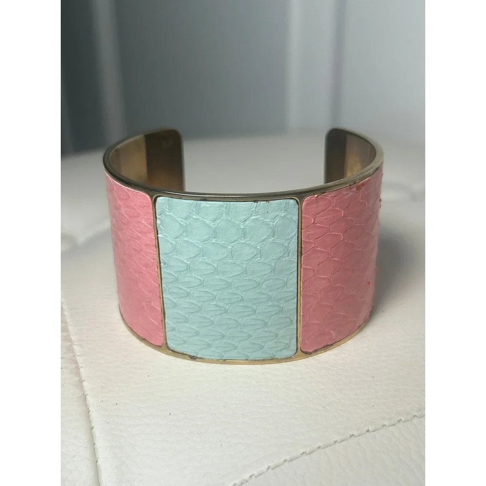 Aspinal London Pink Aqua Snakeskin Leather Wide Cuff Bracelet England